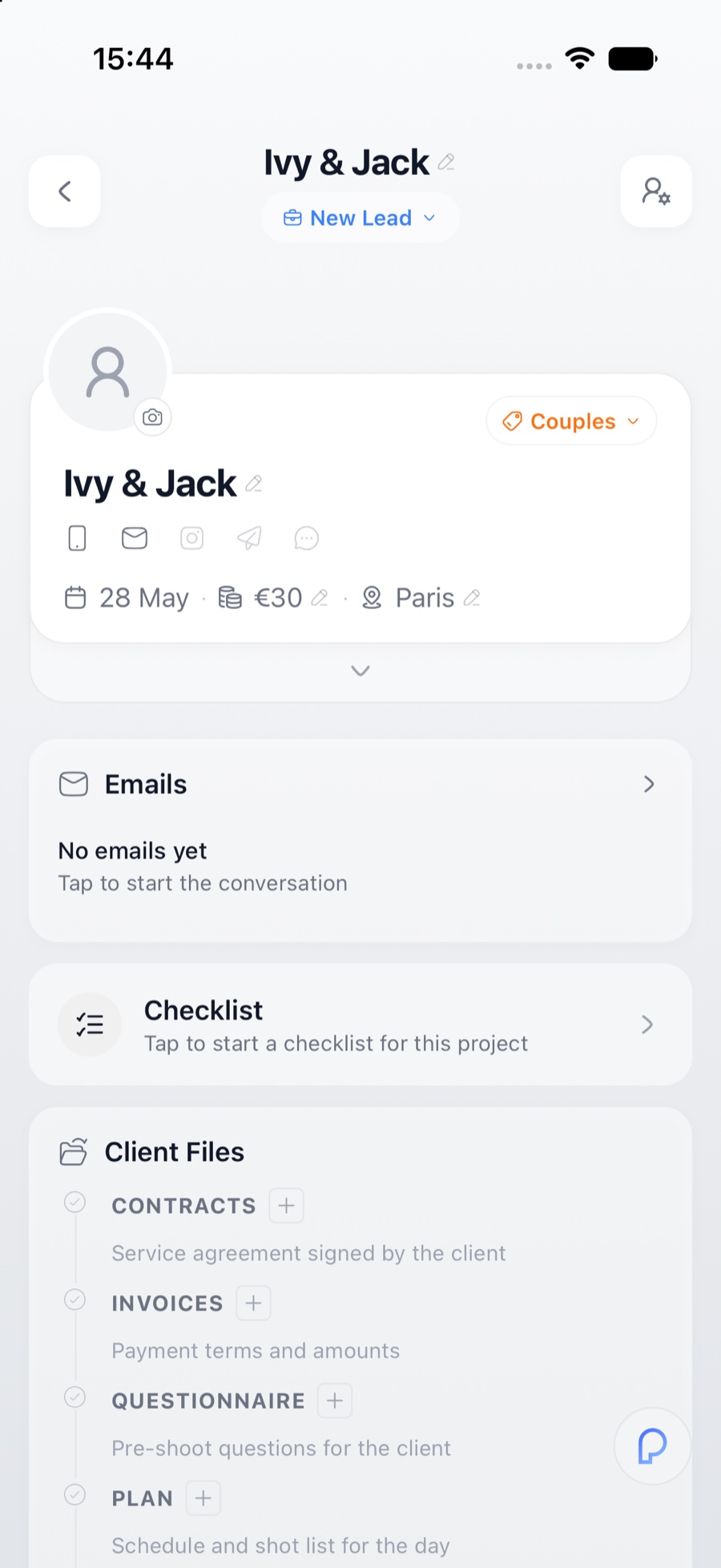 One project holds the client, the money, the emails and every document.