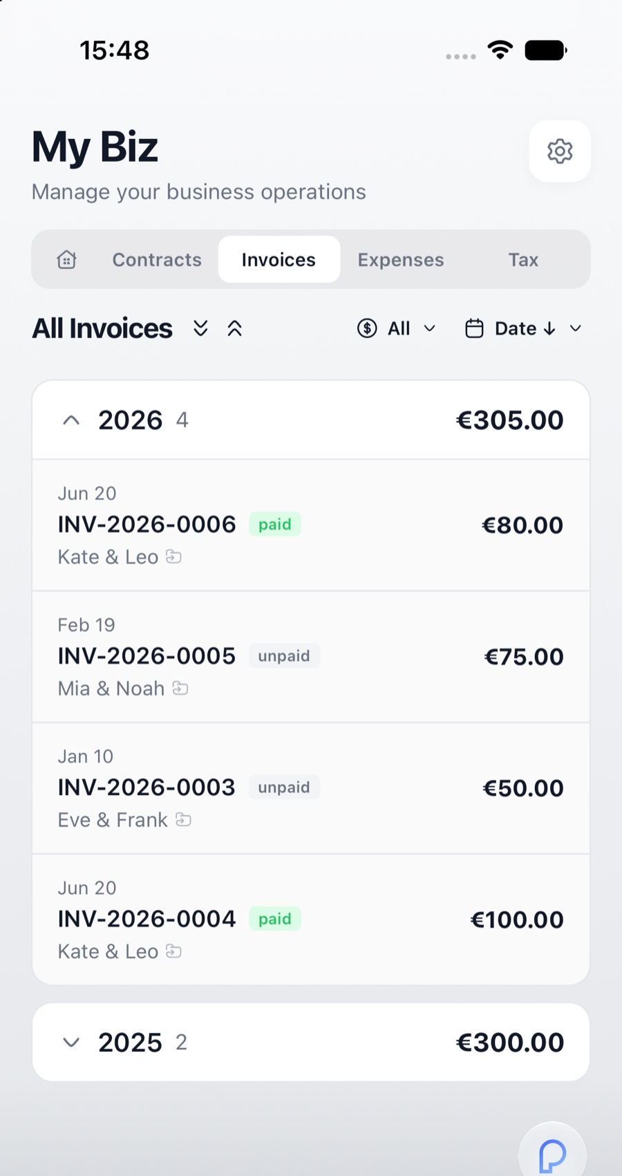 Every invoice, by year, paid or not.
